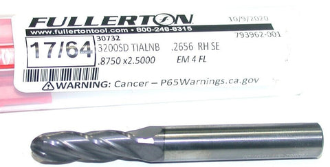 Fullerton 30732 17/64"(.265") Diameter 5/16" Shank 4 Flute Carbide Ball End Mill