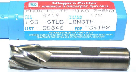Niagara 34182 9/16" diameter 1/2" Shank Single End 4 Flute HSS End Mill New