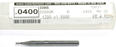 Fullerton 30965 .040" Diameter 4 Flute Solid Carbide Ball End Mill