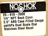 NoShok 25-910-2000 Liquid Filled Pressure Gauge 2000 PSI 1/4" NPT Back Mount