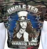 Anvil Men's Ted Nugent Uncle Ted Wants You The Hunting Party Green Camo Shirt L