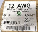 THHN THWN-2 MTW Stranded Copper Wire 12 AWG Blue 600V 15 Mils VW-1 2500 FT
