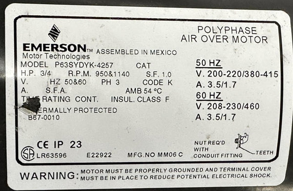 Emerson P63SYDYK-4257 Polyphase Air Over Motor 3/4 HP 1140 RPM 50/60 H