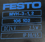 Festo JMVH-5 110512 Solenoid Valve 145 PSI w/ (2) Coils MVH-3-1,2 106102 24 VDC