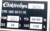 Elektrodyn 9438 Type EBSI Transformer 220V Prim. 24V Sec. 50/60HZ 1.25A