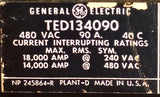 General Electric TED134090 3-Pole Circuit Breaker 90A 480V 3 PH Bolt-On