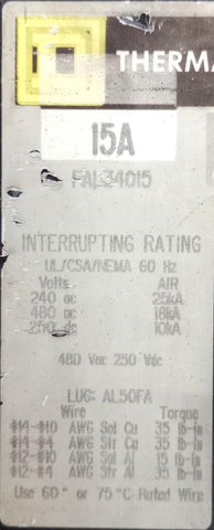 Lot of (2) Square D FAL34015 3-Pole Circuit Breaker 15A 4800VAC 3 PH Feed-Thru