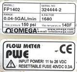 Omega FP1402 Digital Plastic Paddlewheel Liquid Flow Meter 0.04-5GAL/min 150PSI