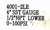 PIC 4001-2LE Heavy Duty Air Pressure Gauge 4" SST 1/2" NPT Lower 0-100PSI