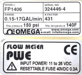 Omega FP1406 Digital Plastic Paddlewheel Liquid Flow Meter 0.15-17GAL/min 150PSI