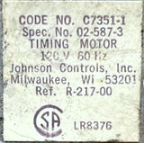 Johnson Controls C7351-1 7-Day Timing Motor 120V 60HZ 1/60RPM 3W