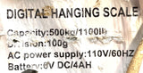 Roughneck 1100Lb / 500kg Capacity Digital Hanging Scale 110VAC 60HZ 4AH Battery