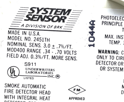 Testing Sensor 24050 System Sensor 2451TH 400 Series Photoelectric Smoke Detector .34 - .70