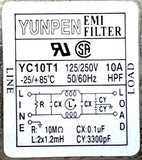 Yunpen YC10T1 EMI Power Filter 125/250V 50/60HZ 10A /25/+85°C HPF