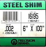 Precision Brand 16195 Steel Shim .002 Gauge (.051MM) 6" x 100"