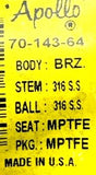 Apollo 70-143-62 Ball Valve 1/2IN 600CWP -20/450°F Female NPT Bronze/Brass