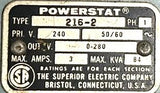 Powerstat 216-2 Variable Autotransformer 240V 50/60HZ 3A 84KV (0-280V Output)