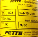 Fette 3/4-10 UNC Head Axial 3 Piece Thread Rolling Die Set 1k / 1515507 / J27