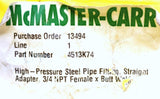 Lot of (4) McMaster-Carr 4513K74 High Pressure Steel Pipe Fitting 3/4" NPT