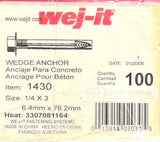 (Lot of 100) Wej-It 1430 Wedge Anchor 1/4" x 3" Stainless Steel
