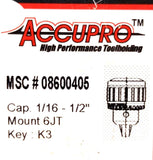 Accupro 08600405 Keyed Drill Chuck 1/16-1/2" Capacity 6JT Tapered Mount K3 Key