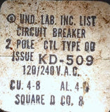 Square D QO250 2 Pole Circuit Breaker 50A 120/240VAC 1 PH Plug In Mount