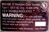 Black & Decker BD5100 5" Random Orbit Sander Type 1 120VAC 10000 OPM 2.8A Corded