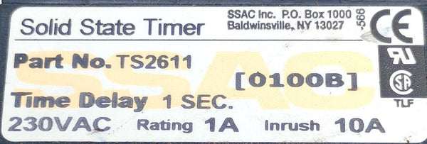 SSAC TS2611 Solid State Timer Module 3-Pin 1 Sec. Delay 230VAC 1A Max