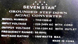 Seven Star THG1500-D AC/AC Converter 220/240V In W/Cord 110/120V Out W/Outlet
