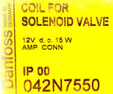 Danfoss 042N7550 Coil for Solenoid Valve 12VDC 15W AMP CONN Ambient Temp Max 40C