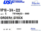 USF T910623-000 Filter Holder Filterite VP10-3/4-222 125PSI PSIG at 68