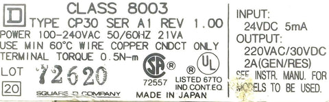 Square D CP30 Micro-1 Controller Series A1 Class 8003