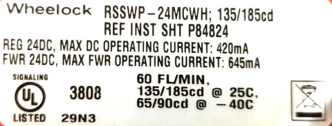Wheelock Rsswp Wheelock RSSWP-24MCWH Fire Alarm Strobe 24VDC 420mA 60fl-min (Lot of 2