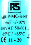 RS MR-P-MC-S-NF Capacitor 6uF +/-10% 440VAC 50/60Hz -25C +85C