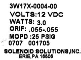 Solenoid Solutions 3W17X-0004-00 Solenoid Valve 12VDC 3W 25PSIG