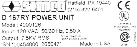 Simco D-167RY Power Unit 4000126 120VAC 50-60Hz 0.50A 7.5KV-RMS