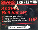 Sears Craftsman 315.117151 Belt Sander 1HP 110-120V AC 7.5A 60Hz Belt 3" x 21"