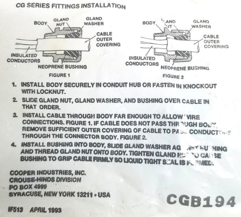 Cg Model Kit Installation Guide Cooper Crouse Hinds CGB194 CG Series Fittings Installation (Lot of 7)