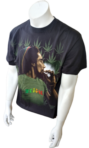 Delta Men's Bob Marley Smoking Blunt Weed Reggae Black Shirt Size Large