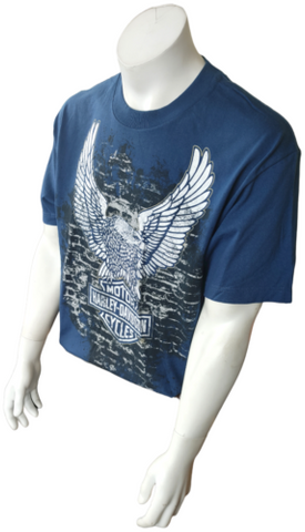 Harley Davidson Motorcycle Men's Eagle Graphic Blue Short Sleeve Shirt Size L