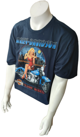 Harley Davidson Motorcycle Men's Classic Models Woman On Bike Blue Shirt Size XL