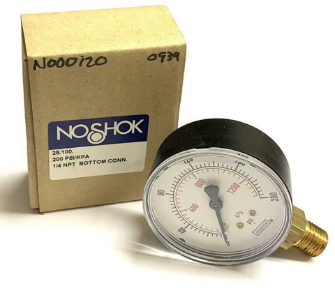 NoShok 25.100.200 Pressure Gauge 200 PSI 1/4" NPT Bottom Mount