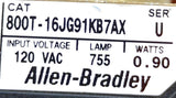 Allen-Bradley 800T-16JG91KB7AX Ser. U Selector Switch 120VAC 755 Lamp .90W