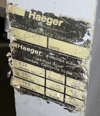 Haeger 824 Hardware Insertion Machine 8 Ton 480V 3 Phase w/ Auto Feed