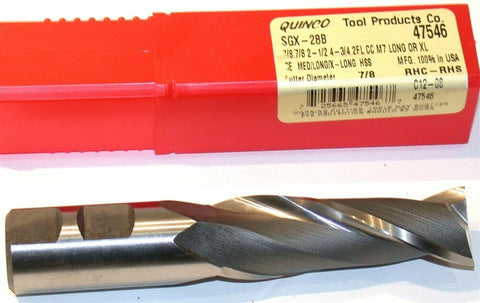 Quinco 7/8" diameter 7/8" Shank 2 Flute HSS X Long End Mill 47546 New