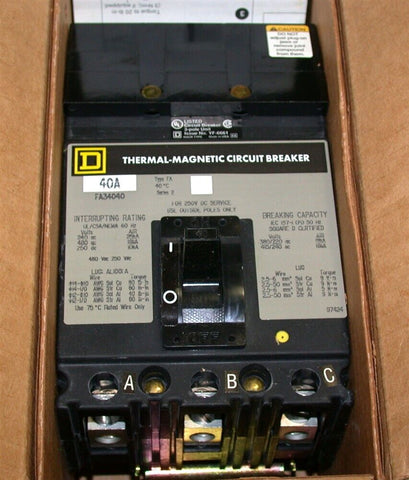Square D FA34040 480V 40A 3-Pole Circuit Breaker NIB
