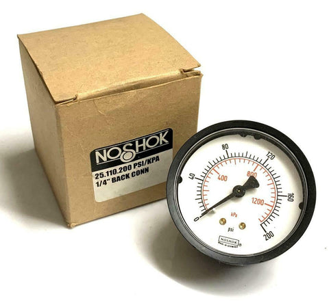 NoShok 25.110.200 Pressure Gauge 200 PSI 1/4" NPT Back Mount