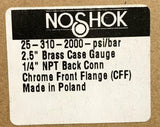 NoShok 25-310-2000 2.5" Pressure Gauge 2000 PSI 1/4" NPT Back Mount W/ Flange