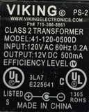 Viking 41-120-0500D Class 2 Transformer AC Adapter 120VAC 60HZ 0.2A 12VDC 500mA