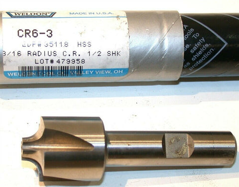 Weldon 3/16" Radius Corner Rounding End Mill CR6-3 New